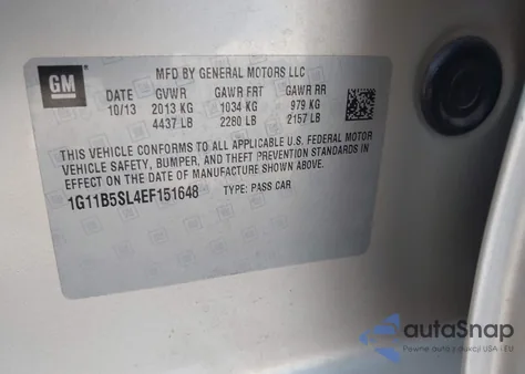 2014 Chevrolet Malibu 1Ls z USA, uszkodzony, nr VIN 1G11B5SL4EF151648